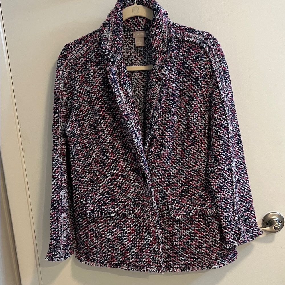 Chico's Pink and Navy Springtime Button Front Fringed Sweater Blazer Sz 1 Medium
